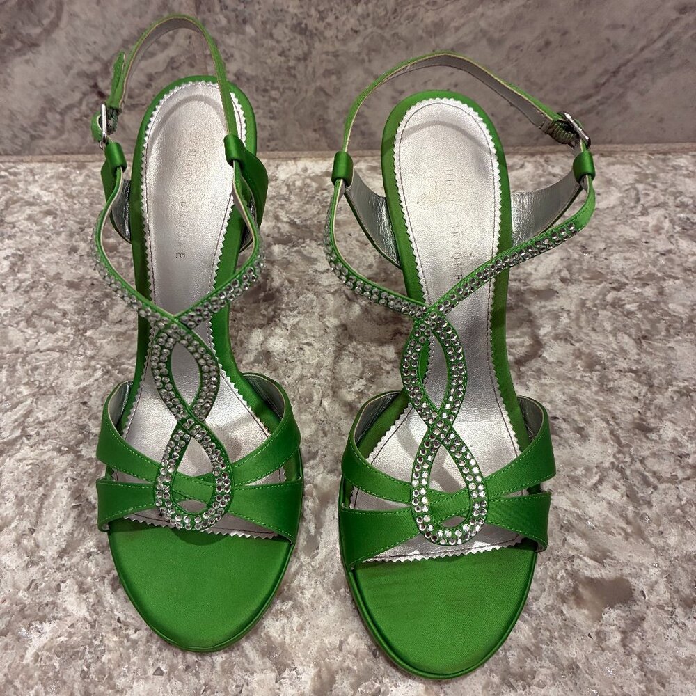 Audrey Brooke Apple Luster Satin Rhinestone Strappy Heels Size 8.5M – 3.5" Heel